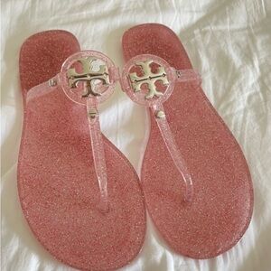 NWOB Tory Burch Pink Glitter Jelly Mini Miller Silver Logo Sandals
